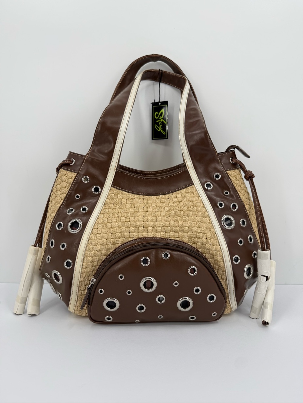 Sharif Studio Jute Leather Hobo Bag Tassels Grommets Accents w/ Dustbag NWT